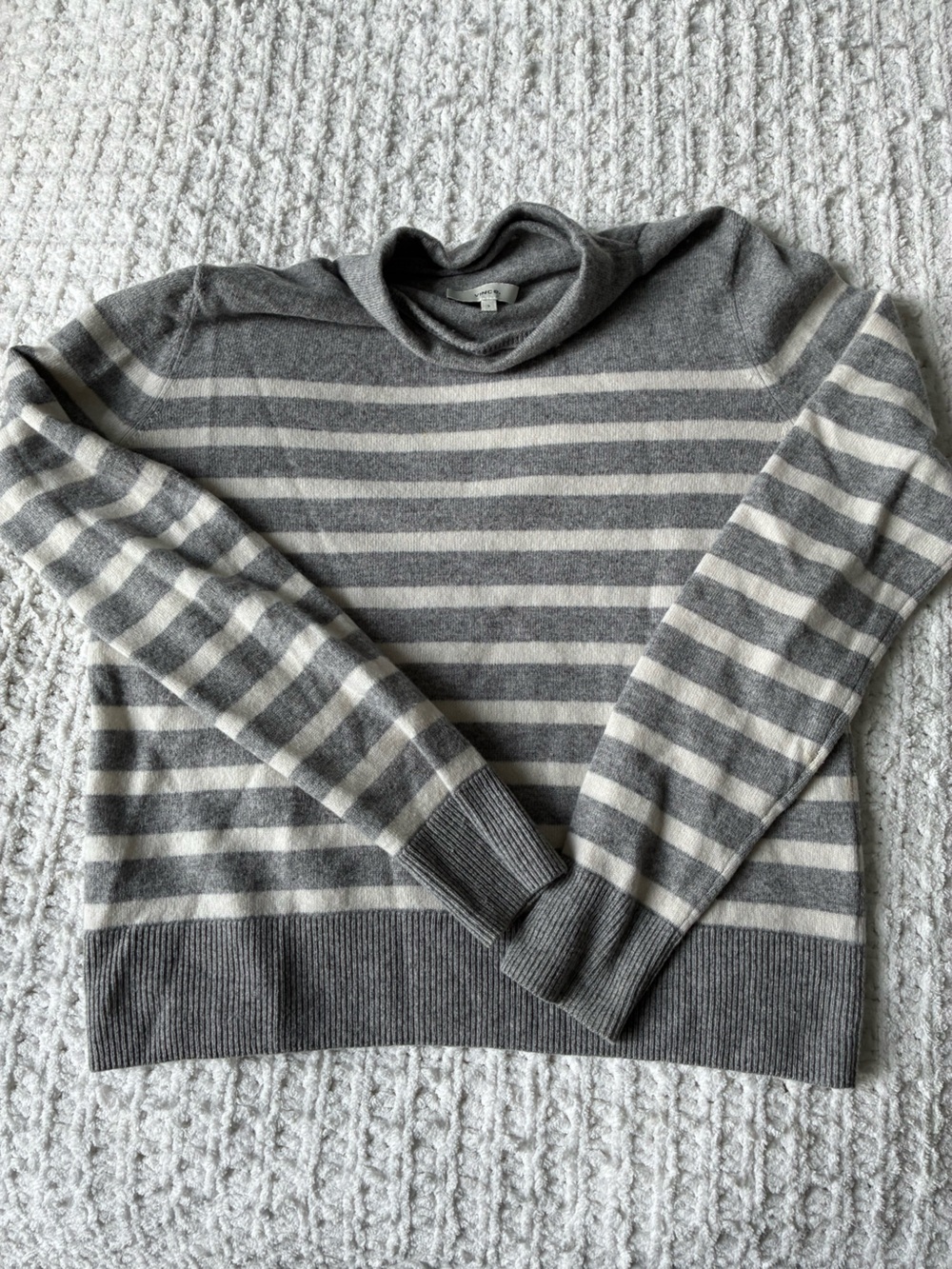 Vince Gray and Cream Striped Crewneck Sweater